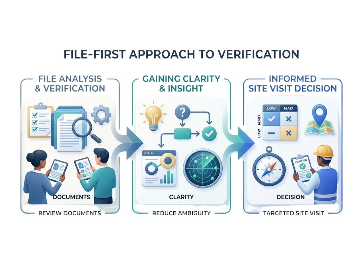 Infographic showing importance of checking industrial property documents before site visit including ownership and approvals