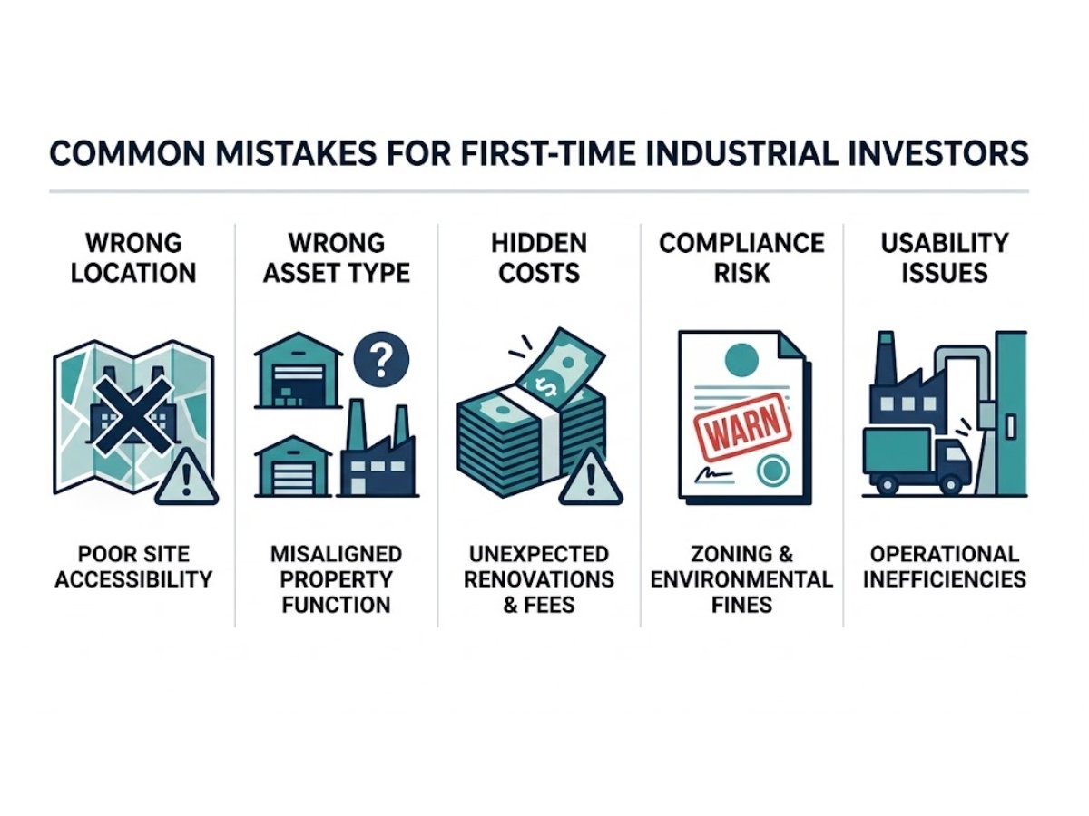 Infographic showing major industrial property mistakes like wrong location, wrong asset type, hidden costs and poor due diligence