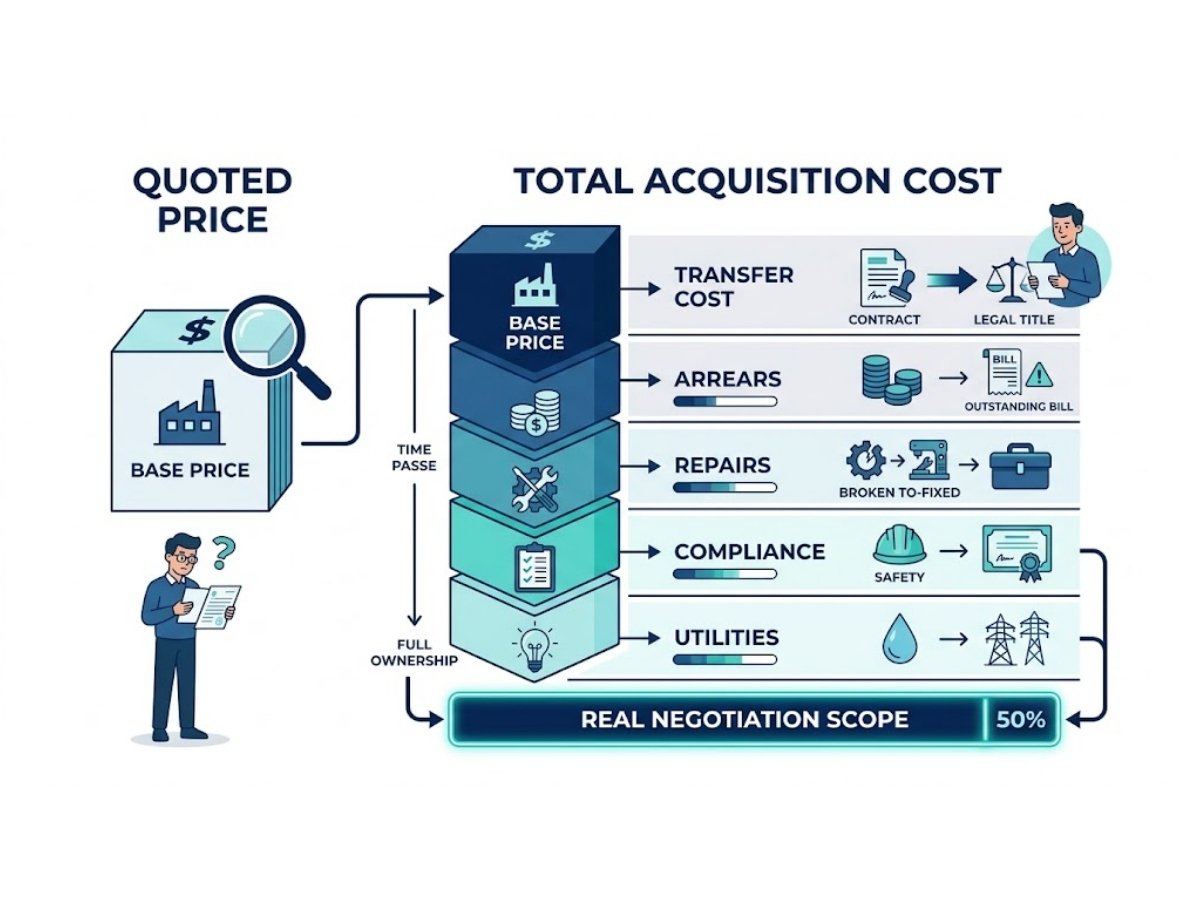 Infographic showing industrial property cost breakdown including base price, transfer cost, repairs, utilities and hidden expenses