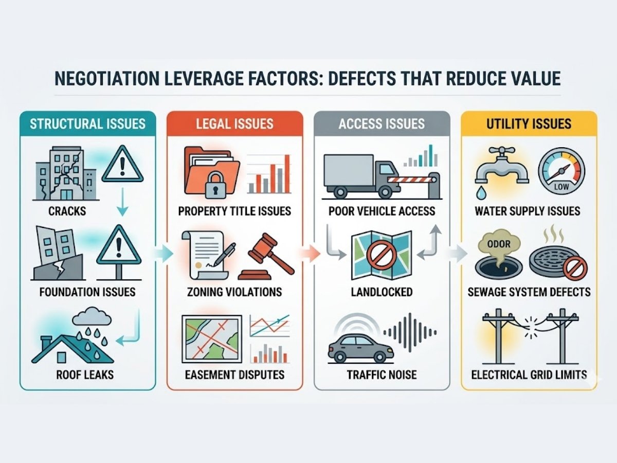 Infographic showing defects that justify price reduction like low height, poor access, repair cost and compliance issues