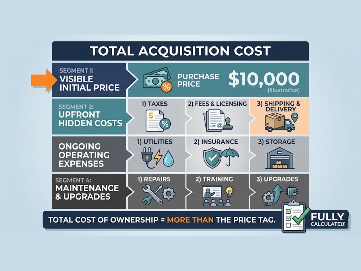 Infographic showing total cost of industrial property including stamp duty, transfer premium, repair, utility and compliance cost