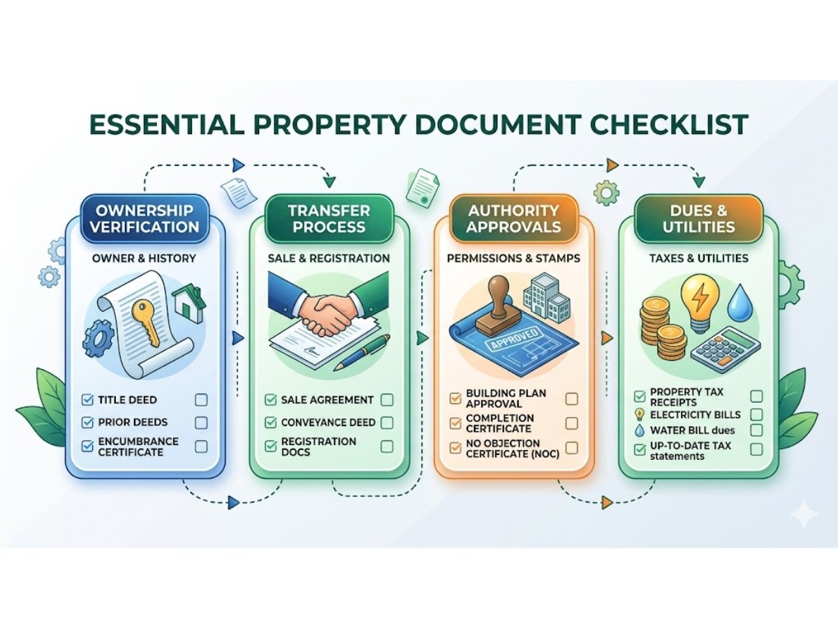 Infographic showing key documents before buying industrial shed including title, transfer permission, approvals and dues