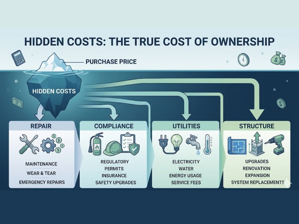 Infographic showing hidden costs in old industrial shed purchase like repair, compliance, fire system and upgrade costs