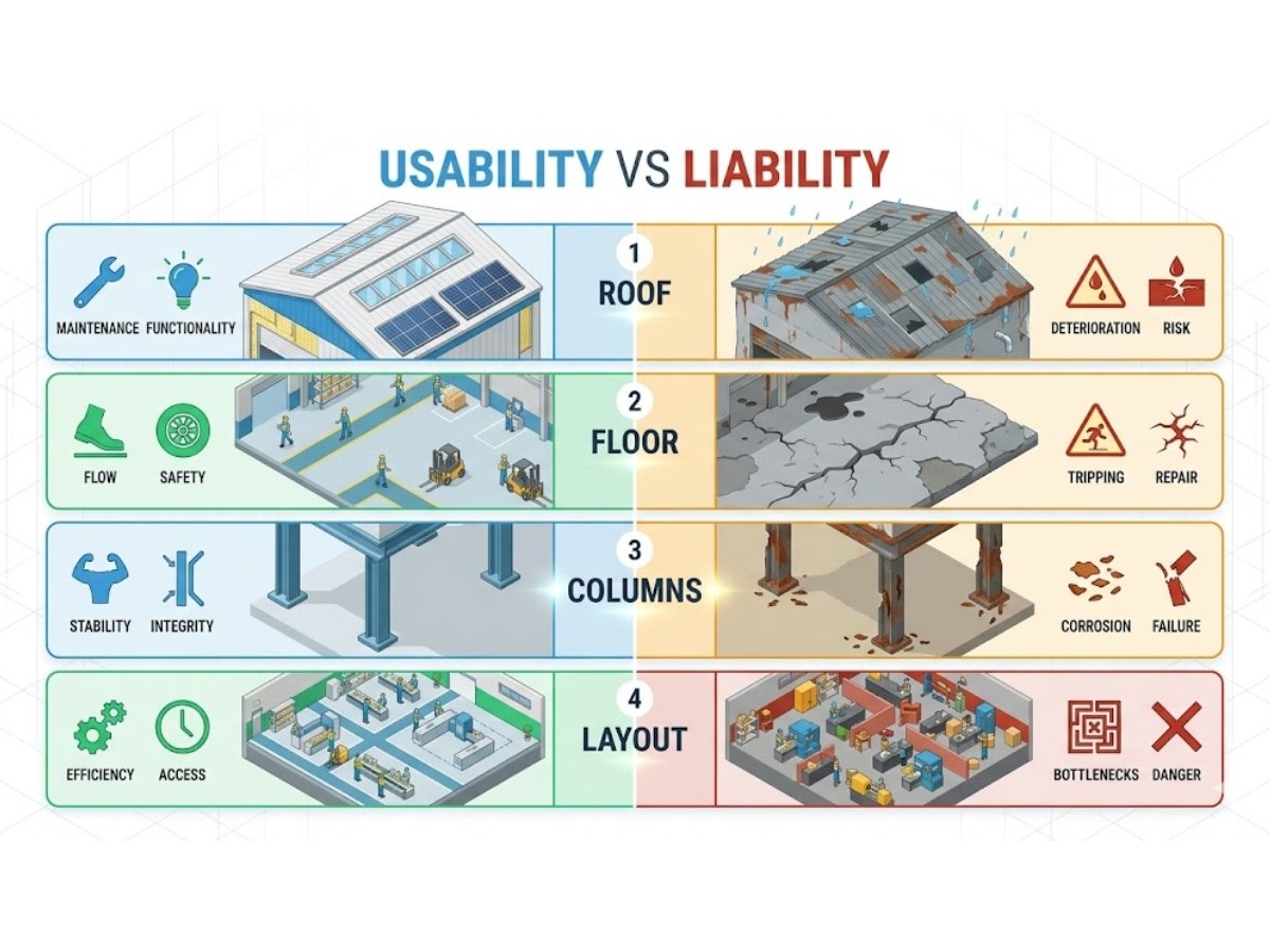 Infographic showing structural checks like roof condition, floor strength, corrosion and layout usability in old factory