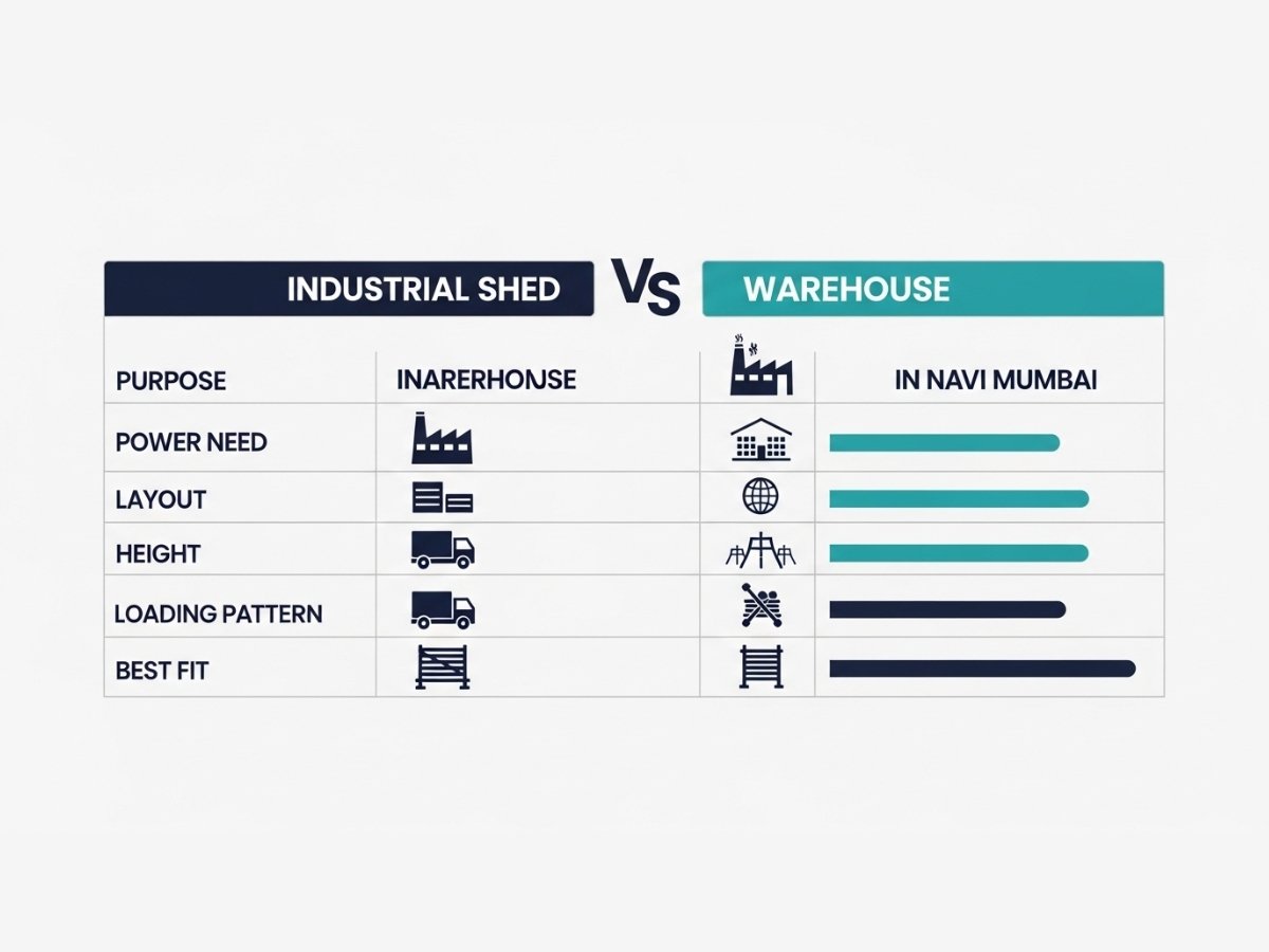 Industrial shed vs warehouse comparison infographic showing differences in purpose, layout, power, and usage in Navi Mumbai