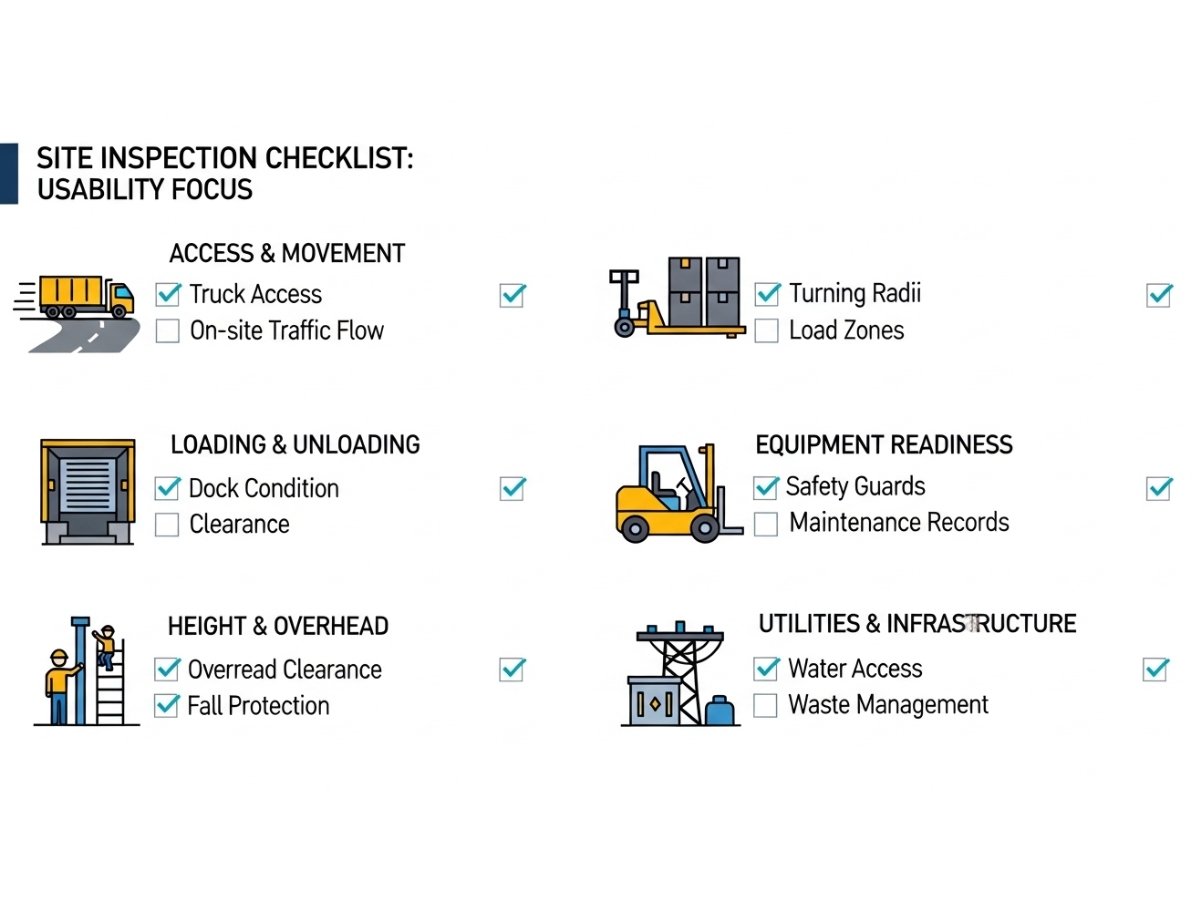 Infographic showing industrial site inspection checklist including truck access, loading, floor strength, height and utilities