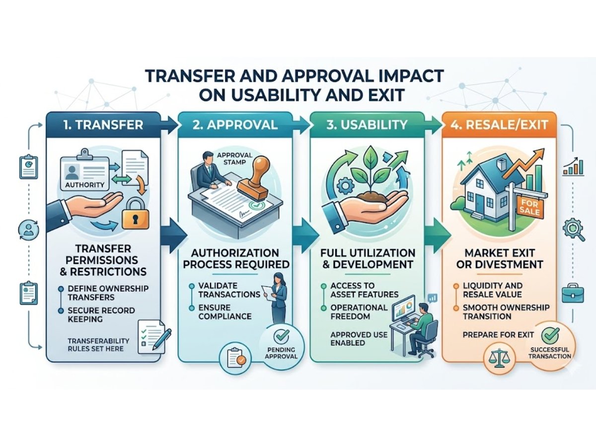 Infographic showing impact of transfer permissions, authority approvals and dues on industrial property usability and resale