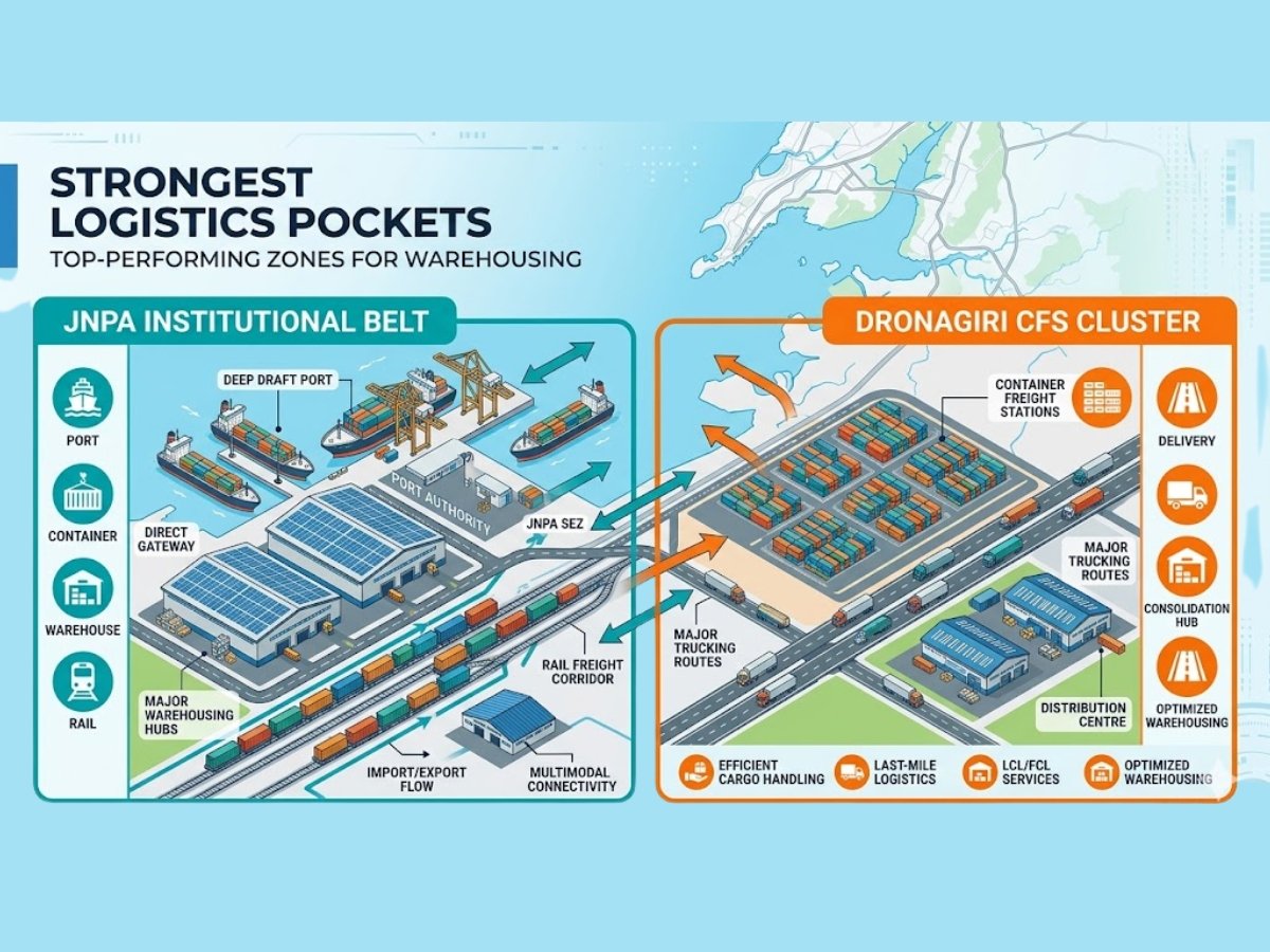 Infographic showing strongest logistics zones near JNPA and Dronagiri for warehousing and container movement