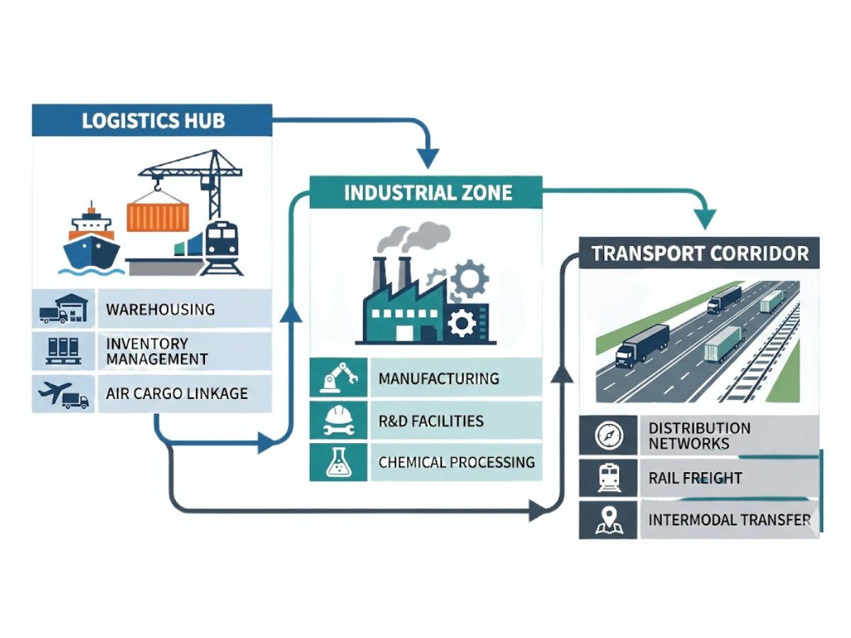 Infographic showing use case mapping for JNPA, Dronagiri and Uran for warehousing, logistics and industrial use