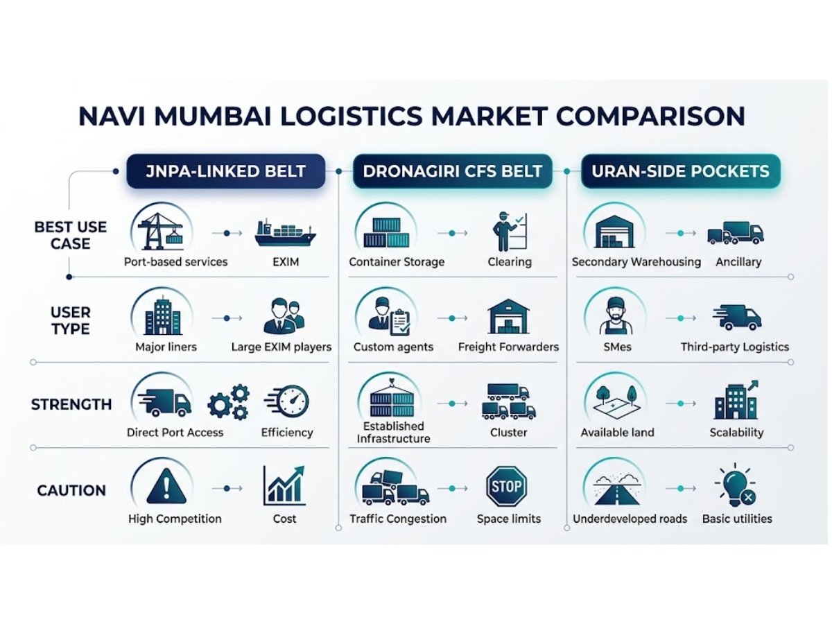 Infographic comparing JNPA, Dronagiri and Uran logistics pockets showing best use case, strengths and risks