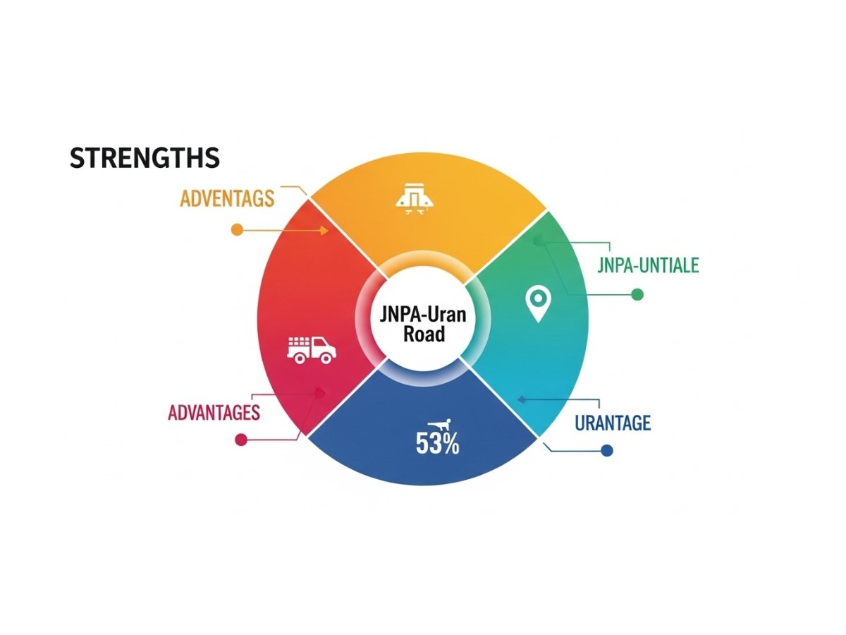 Infographic showing JNPA Uran Road strengths like container movement, customs ecosystem, and port logistics relevance