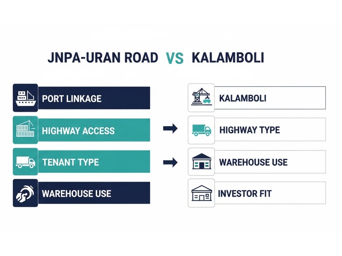 Infographic comparing JNPA Uran Road and Kalamboli warehousing showing port access, highway dispatch, and logistics suitability