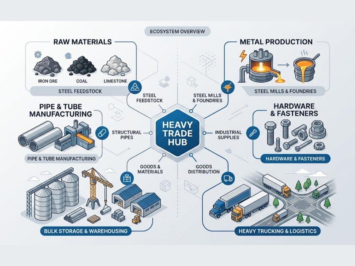 Infographic showing heavy trade ecosystem in Kalamboli Steel Market and KWC with focus on bulk goods and floor load