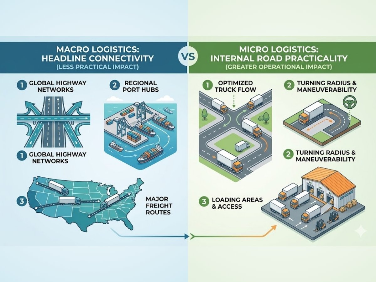 Infographic comparing macro connectivity like highways and ports versus micro factors like road width and truck turning in Kalamboli