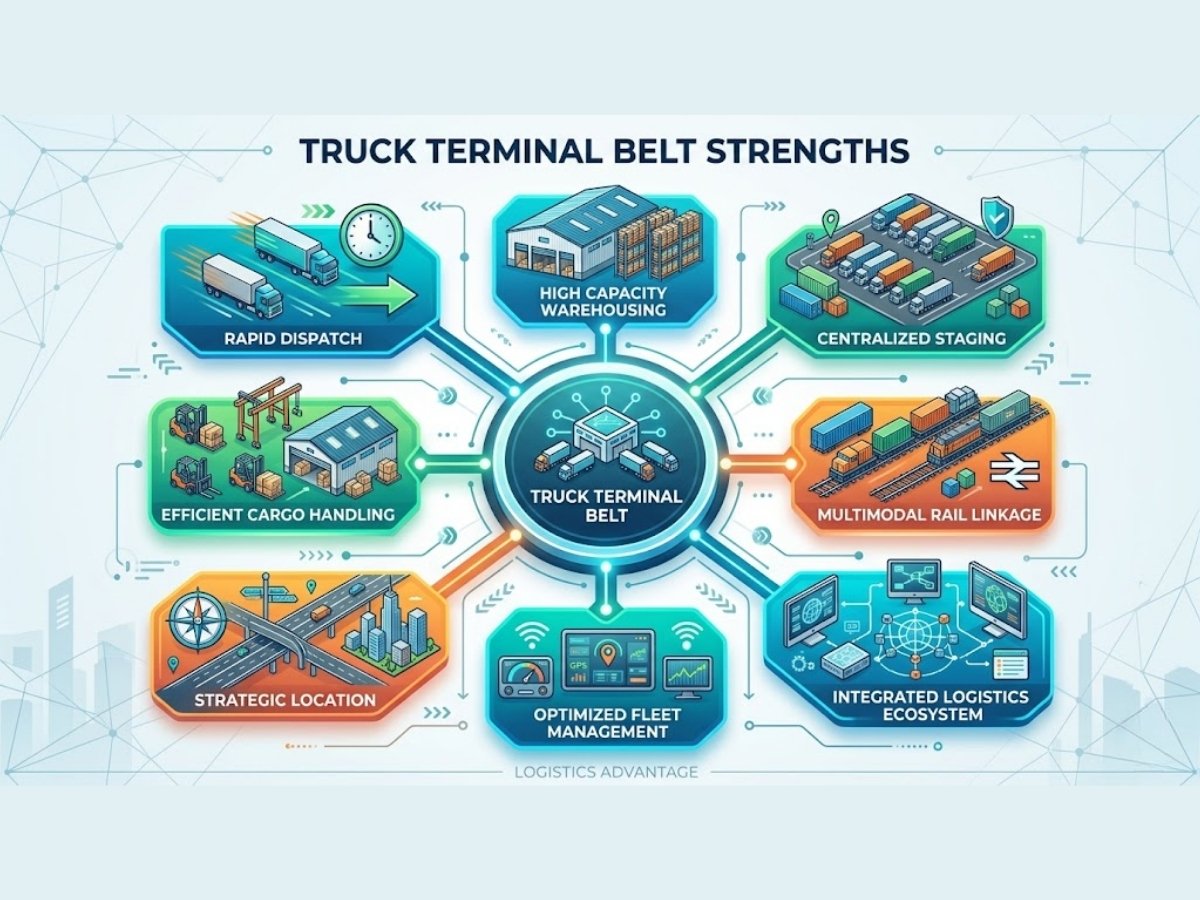 Infographic showing Truck Terminal belt advantages like staging space, dispatch speed and transport ecosystem