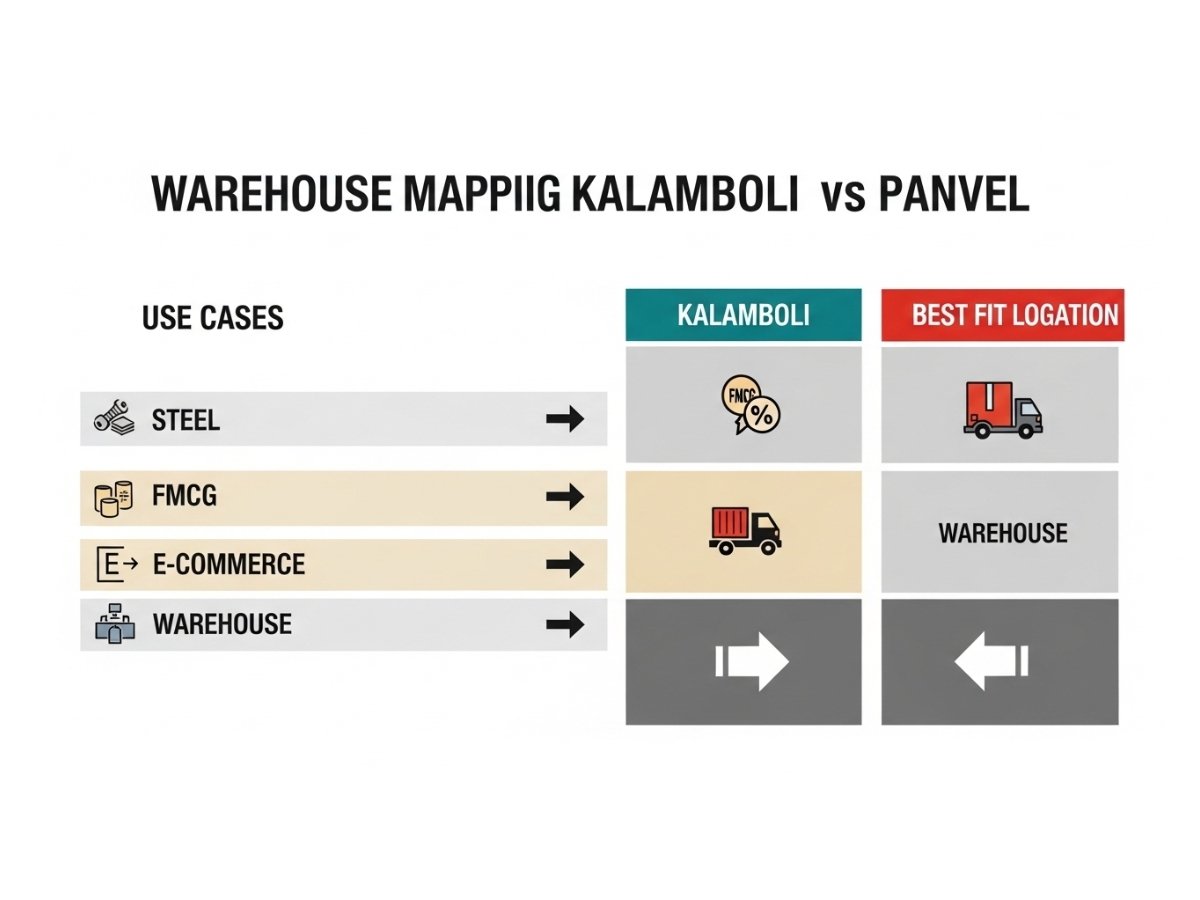 Infographic showing warehouse use cases like heavy B2B, FMCG, e-commerce and which location fits better between Kalamboli and Panvel
