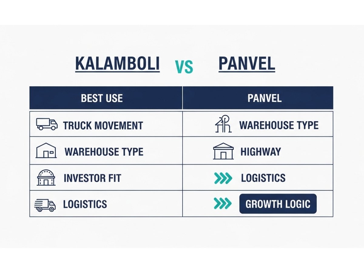 Infographic comparing Kalamboli and Panvel warehousing showing freight movement, warehouse type, and logistics suitability