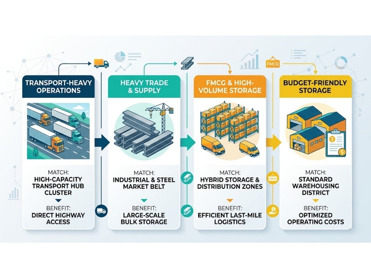 Infographic mapping business types like transport, steel trade, FMCG and storage to different Kalamboli warehouse clusters