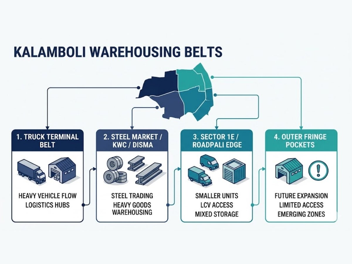 Infographic showing Kalamboli divided into four warehouse belts including Truck Terminal, Steel Market, Sector 1E and outer fringe pockets