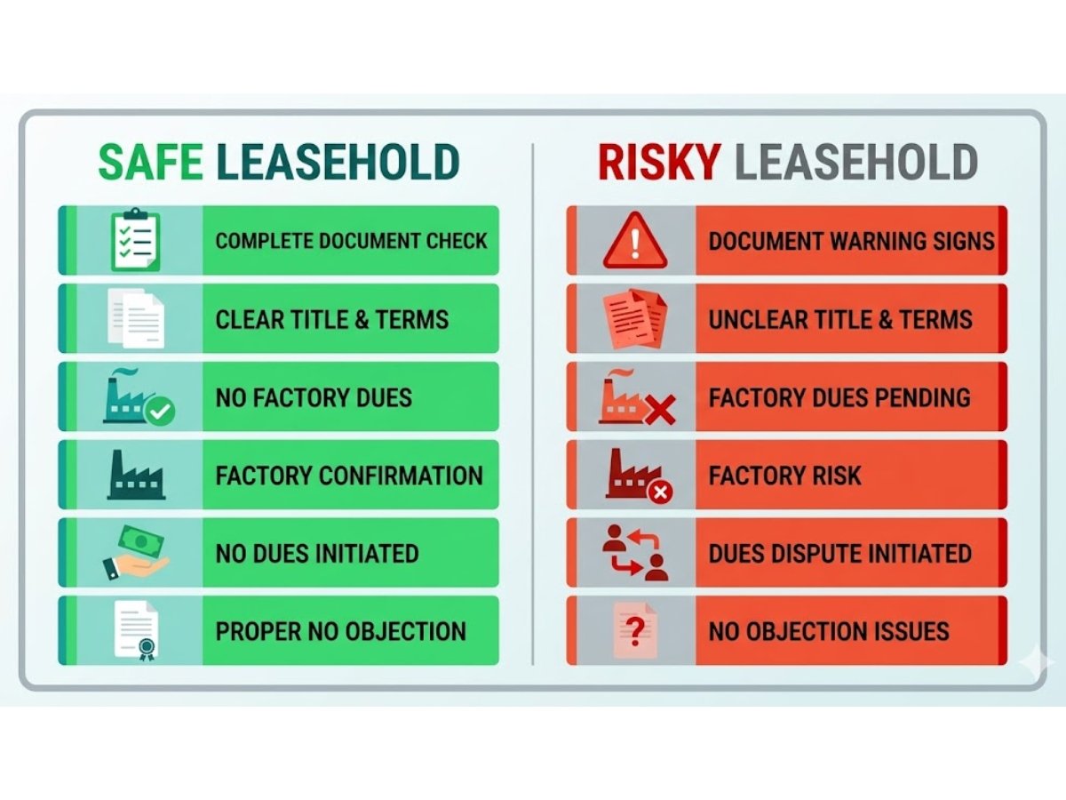 Infographic showing safe vs risky leasehold conditions including clean file versus compliance issues