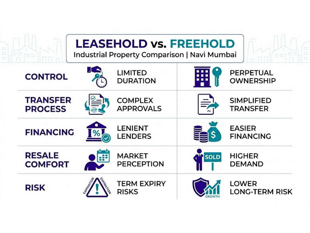 Infographic comparing leasehold and freehold industrial property showing control, transfer ease, financing and resale comfort
