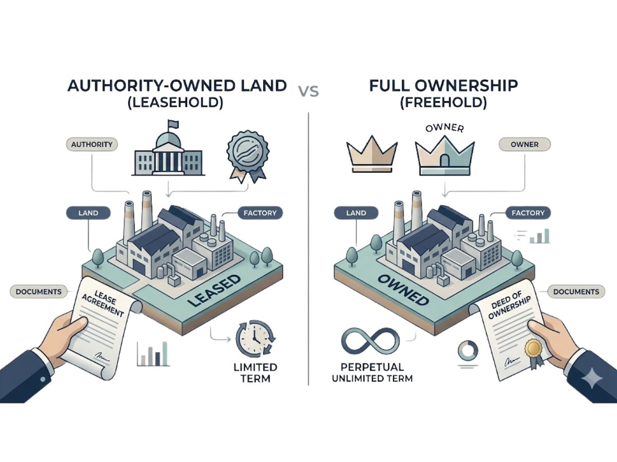 Infographic explaining ownership structure difference between leasehold and freehold industrial property