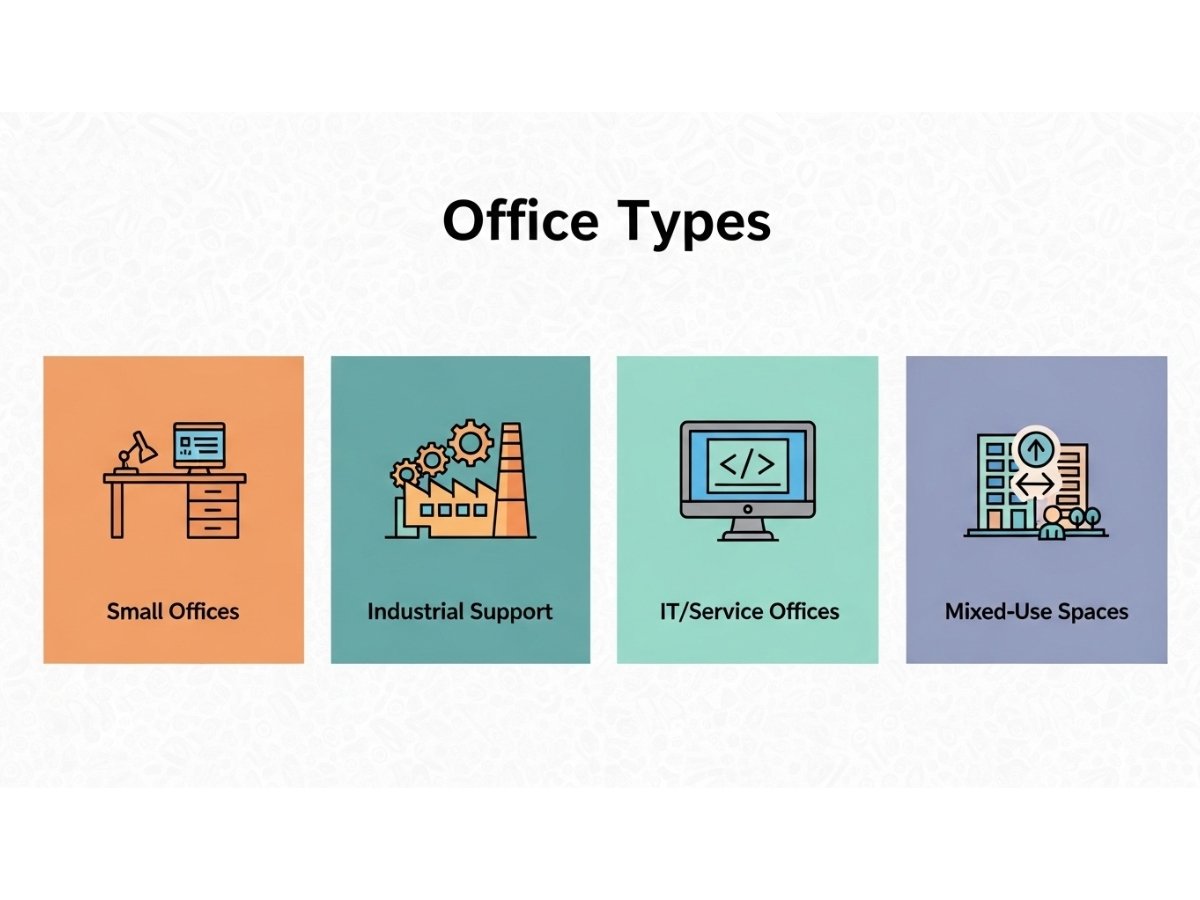 Infographic showing types of office spaces in Mahape including small offices industrial support offices and IT service spaces