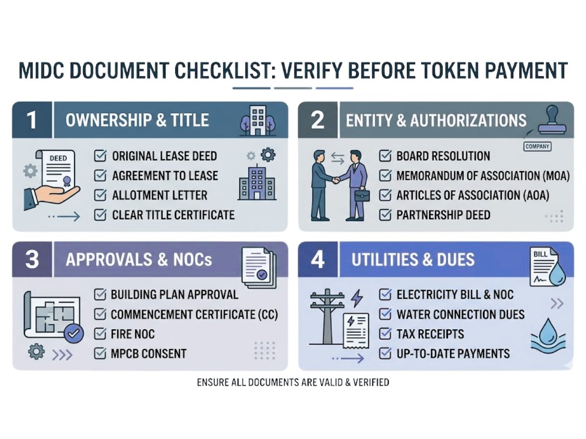 Infographic showing MIDC document checklist including lease deed, BCC, assignment chain, NOC and electricity bill
