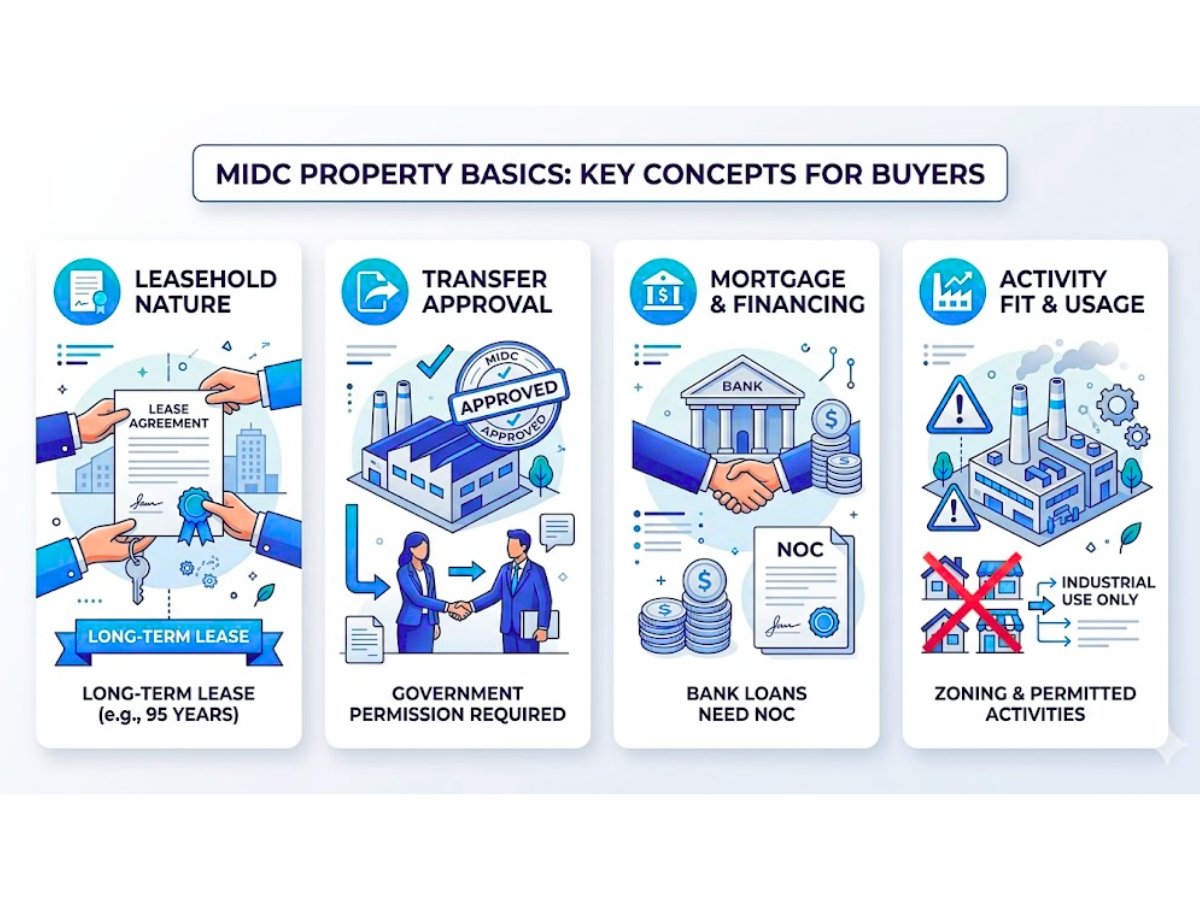 Infographic explaining MIDC leasehold property basics including transfer approval, permissions, and buyer risks