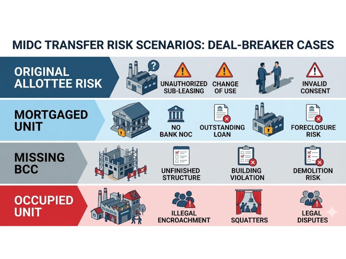 Infographic showing risky MIDC scenarios like early allotment, mortgaged property, missing BCC and occupied units