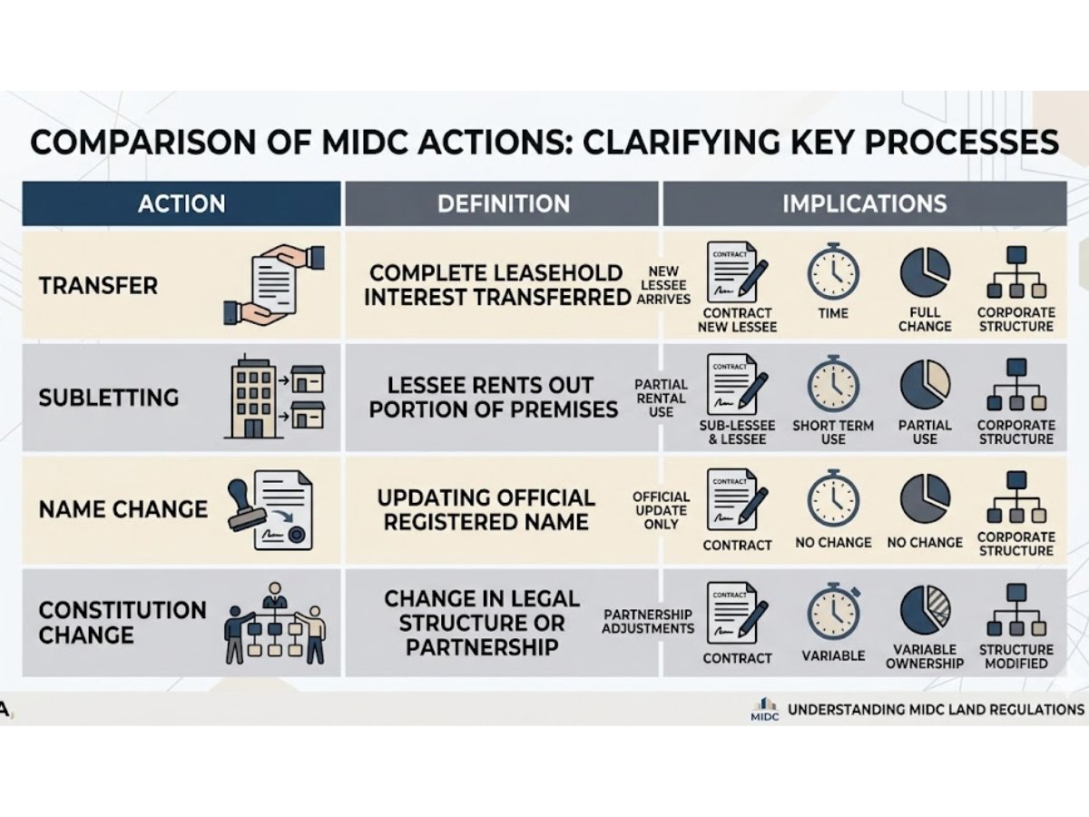 Infographic explaining difference between transfer, subletting, name change and constitution change in MIDC properties