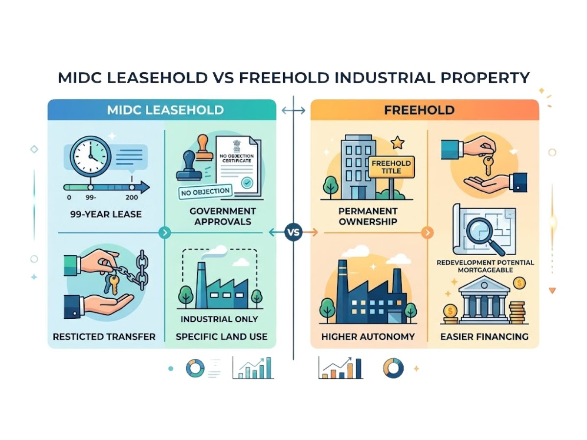 Infographic comparing MIDC leasehold industrial property with freehold industrial property showing ownership and transfer differences