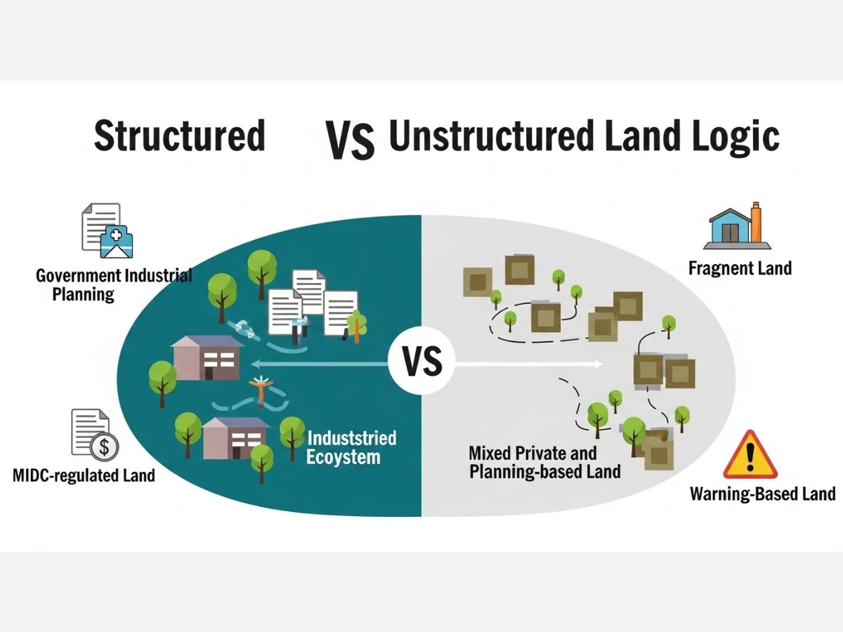 Infographic showing difference between MIDC structured industrial land in Taloja and mixed land categories in Panvel