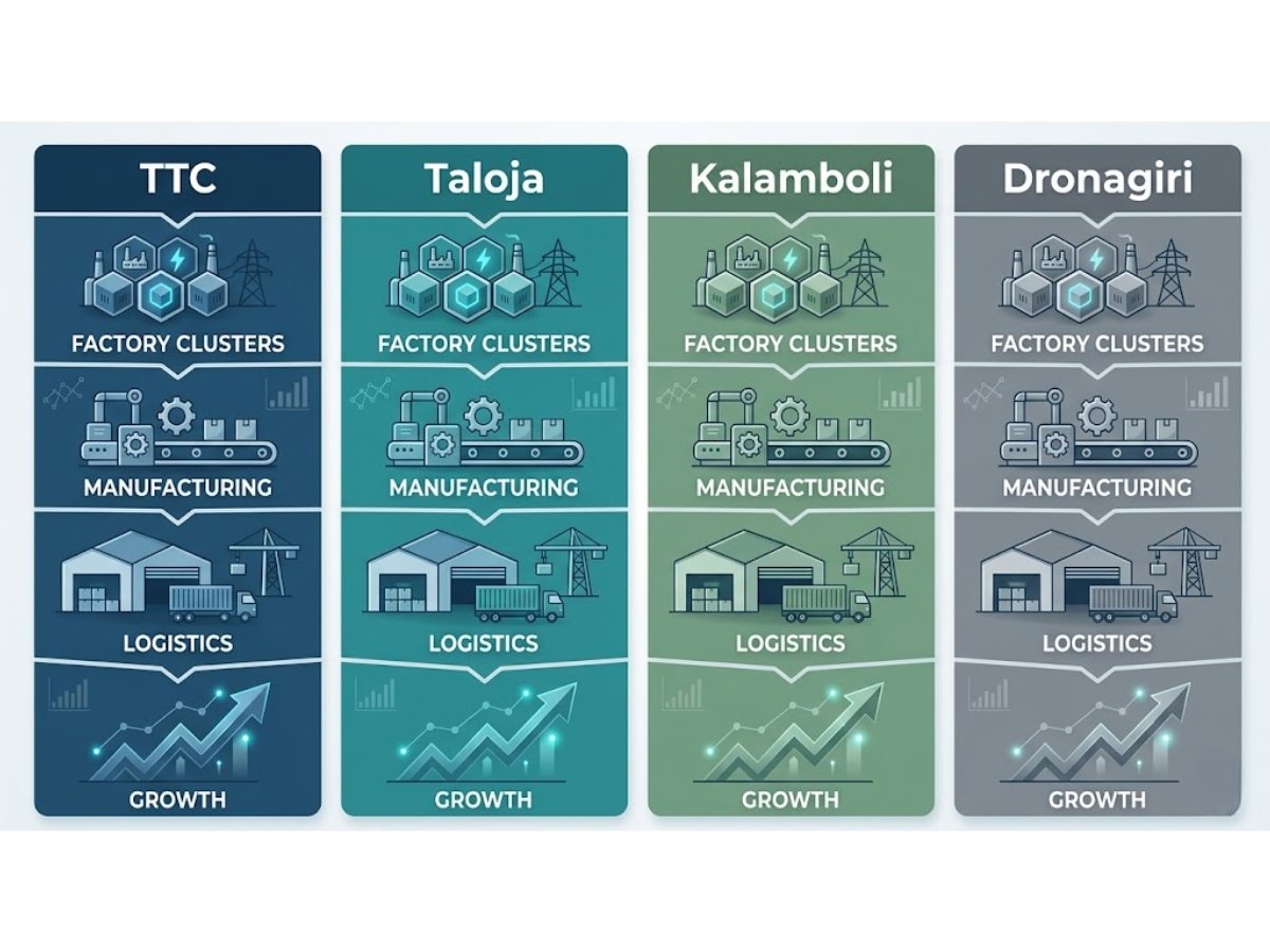 Infographic showing differences between TTC, Taloja, Kalamboli and Dronagiri industrial belts based on use, risk and demand