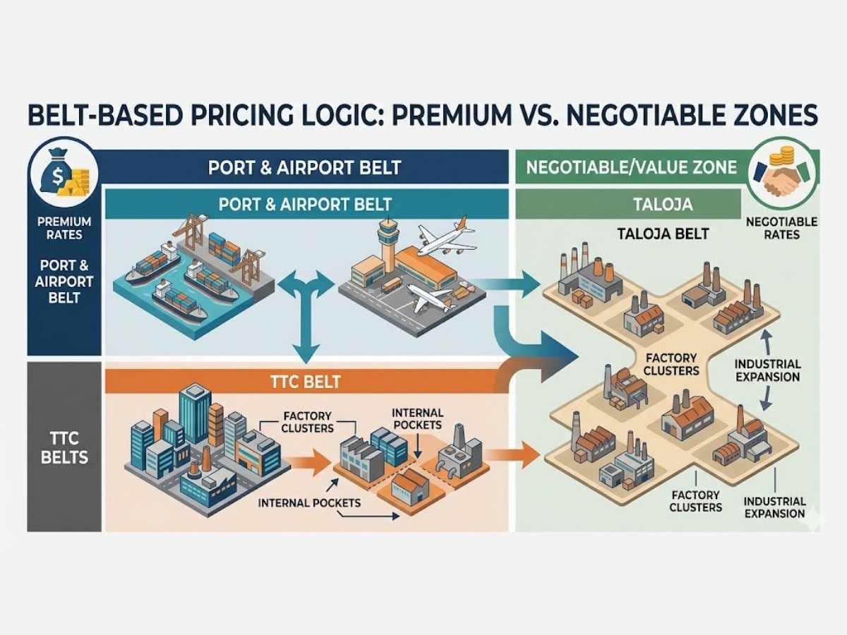 Infographic showing pricing logic across Navi Mumbai industrial belts like TTC, Taloja and port-influence zones