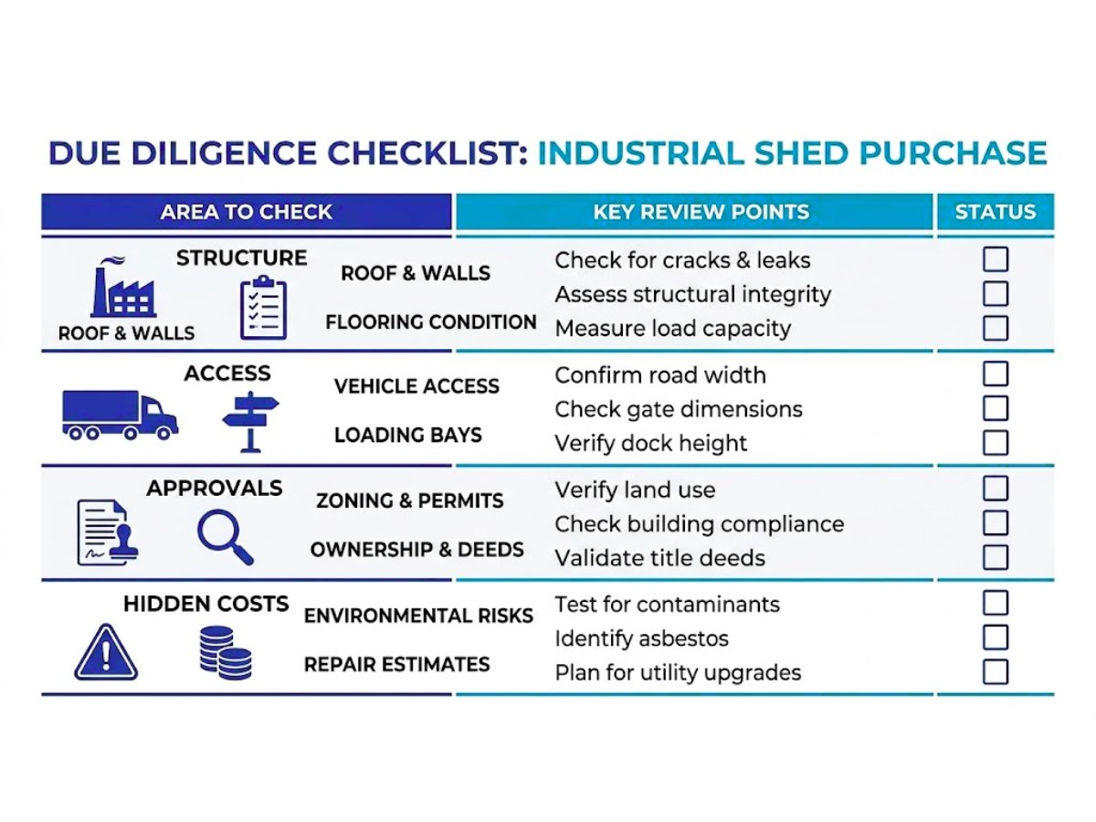 Infographic checklist showing key factors before buying an old industrial shed like title, structure, access and approvals