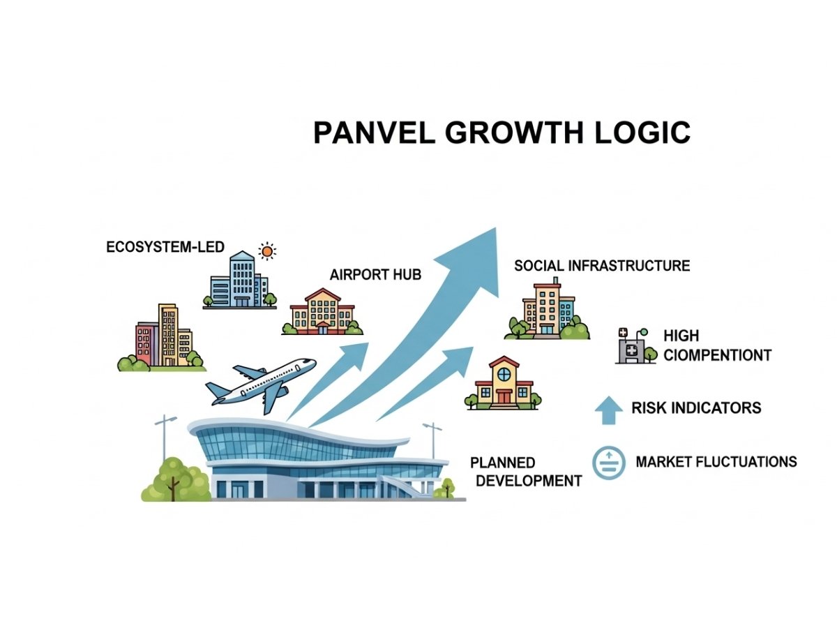 Infographic comparing infrastructure-led growth in Panvel versus ecosystem-led growth in Taloja with risk factors
