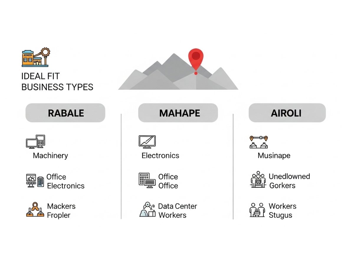 Infographic showing ideal business types for Rabale, Mahape and Airoli including heavy engineering, hybrid industrial and tech operations