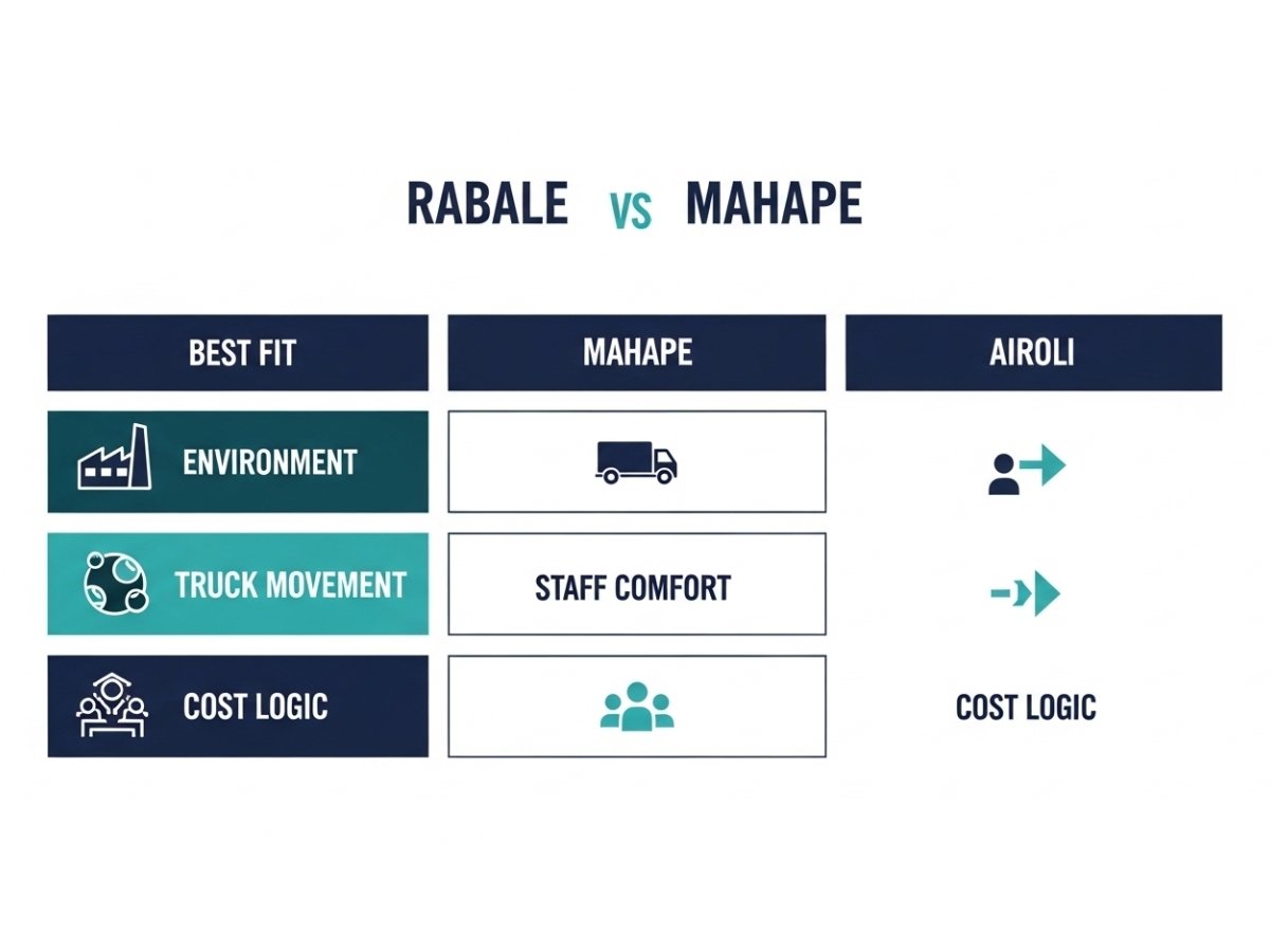 Infographic comparing Rabale, Mahape, and Airoli industrial areas showing business fit, environment, and operational practicality