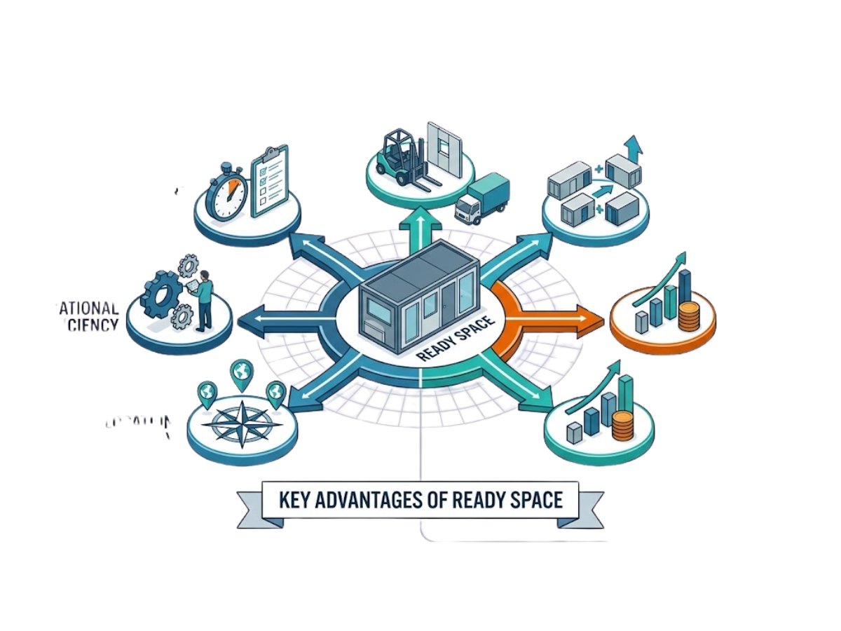 Infographic showing advantages of ready industrial space like fast possession, low setup friction and flexible entry