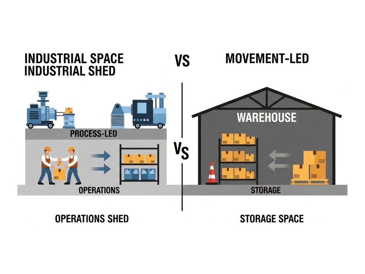 Infographic explaining difference between industrial shed and warehouse as operations space vs storage space