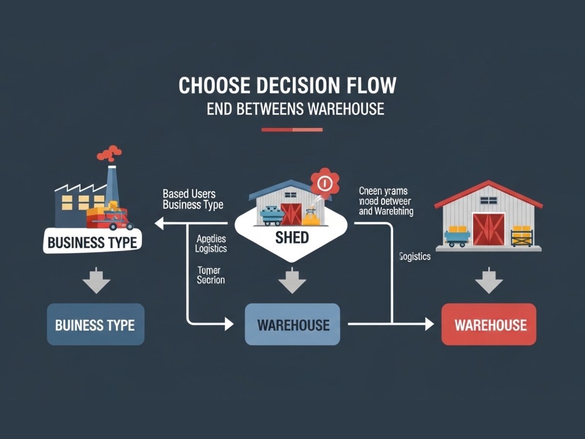 Decision flowchart to choose between industrial shed or warehouse based on business type in Navi Mumbai