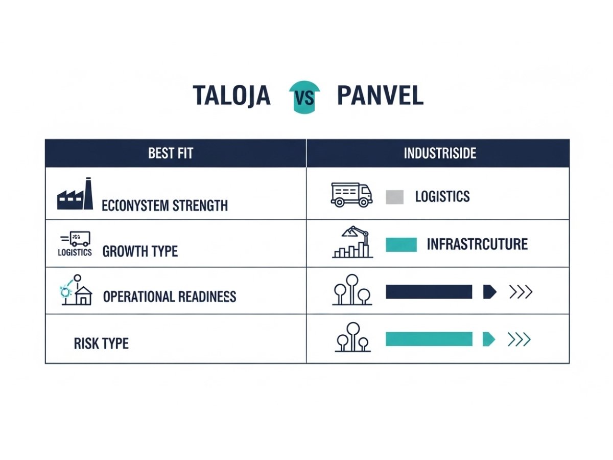 Infographic comparing Taloja and Panvel industrial land showing ecosystem strength, growth type, risk and operational readiness