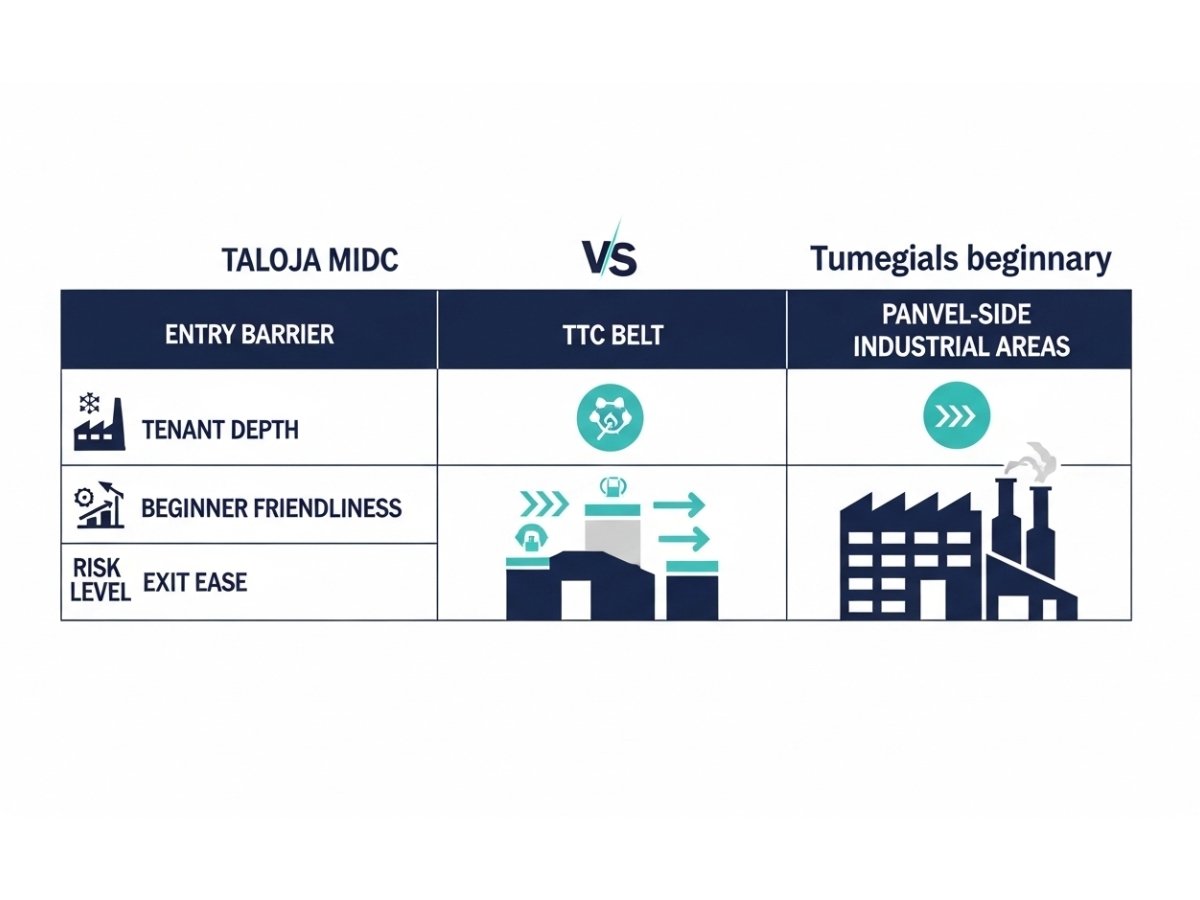 Infographic comparing Taloja, TTC, and Panvel industrial belts for first-time investors based on entry cost, risk, and usability