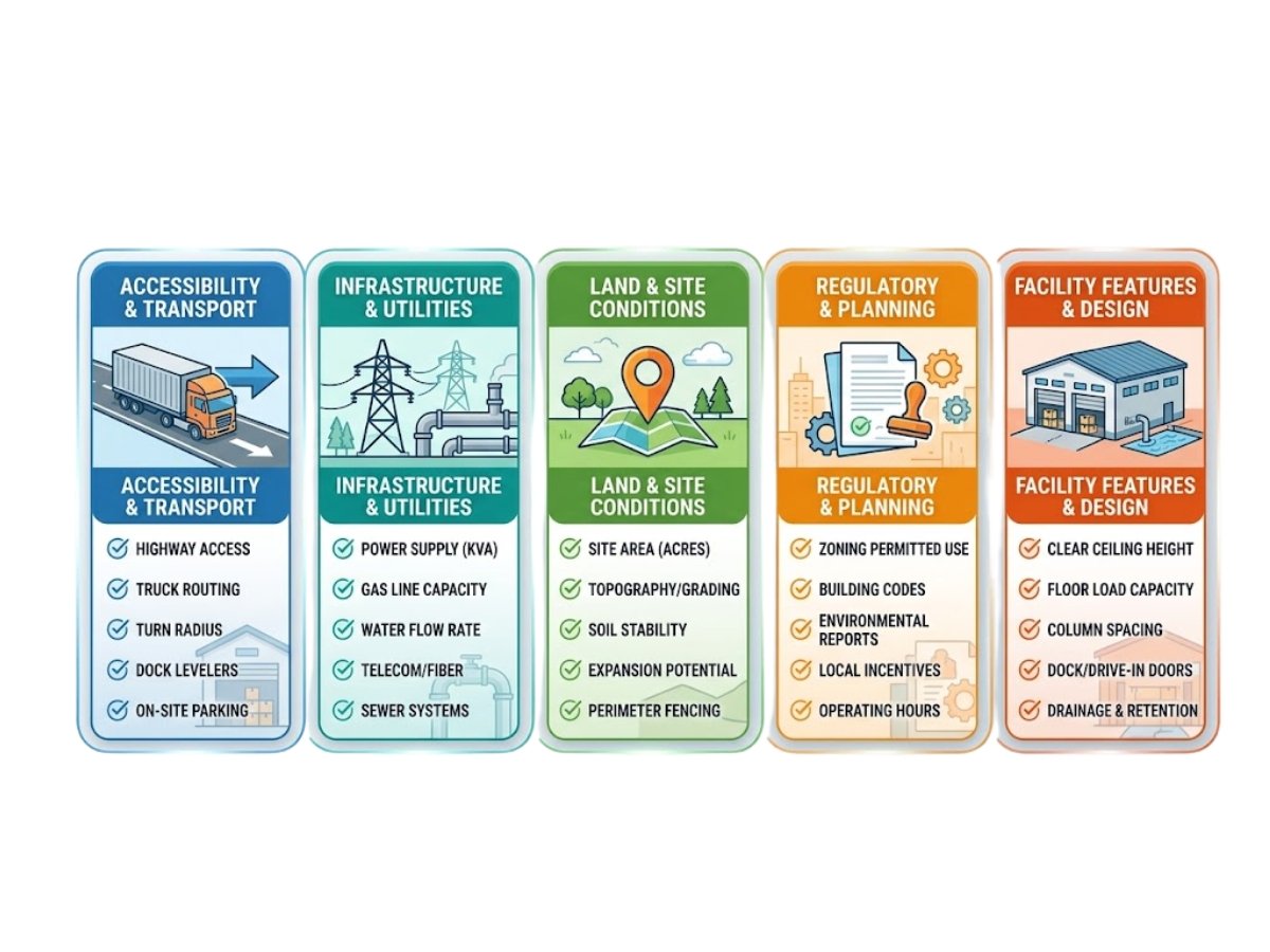 Infographic showing checklist for logistics site selection including road width, truck movement, approvals and land usability