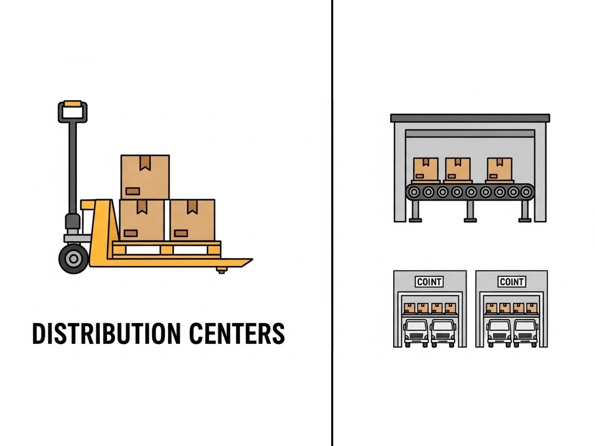 Infographic showing warehouse users like logistics companies, e-commerce, distribution, and storage businesses