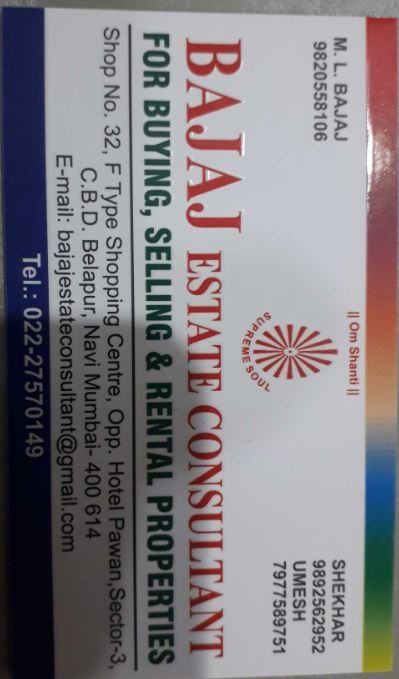 Bajaj Estate Consultant Belapur visiting card is visible in this image.