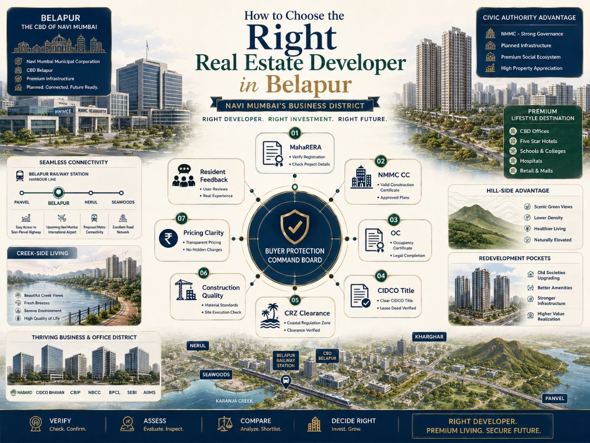 how to choose the right real estate developer in belapur is visible in this image.