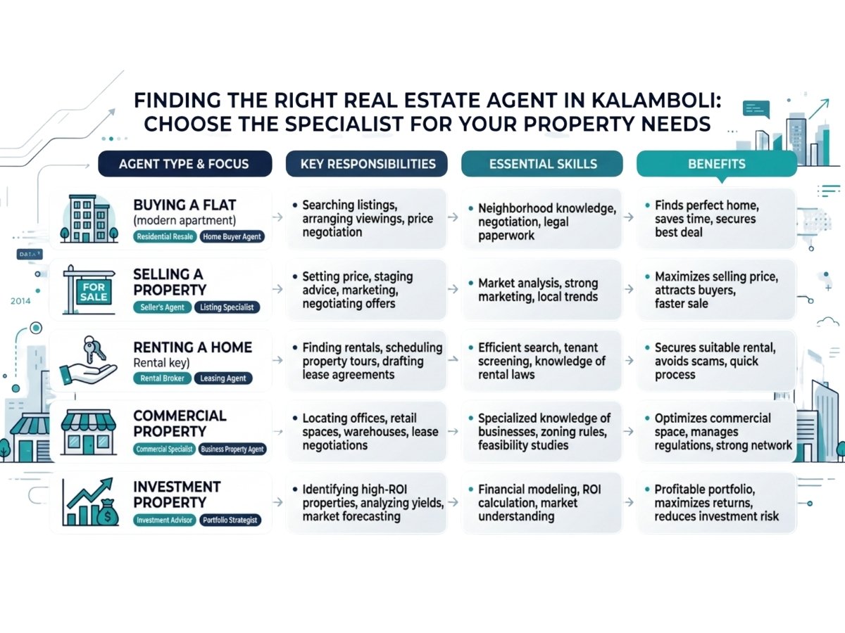 Infographic showing different property needs in Kalamboli such as buying, selling, renting, commercial property, and investment, with the right agent type for each.