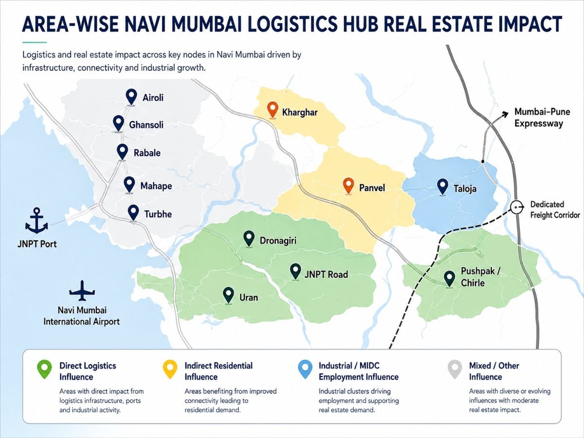 Area-Wise Navi Mumbai Logistics Hub Real Estate Impact is visible in this image.